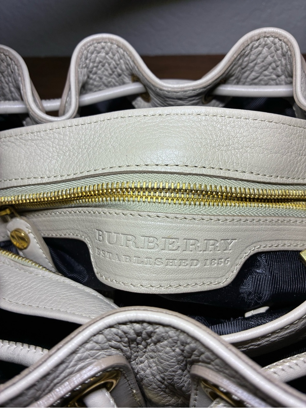 Burberry Cream Leather Drawstring Hobo with Bronze Studs - Picture 12 of 12